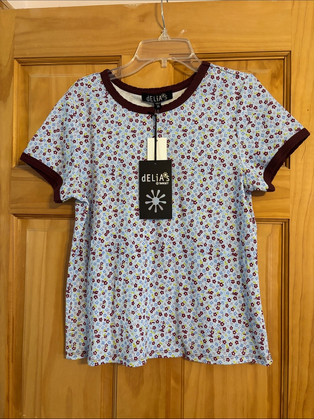 dELiA*s Light Blue Floral Ringer Tee with Burgundy Trim